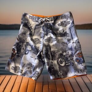 Harley Davidson Swim Shorts Mens 34 Gray Jamaica Motorcycles Embroidered Logo